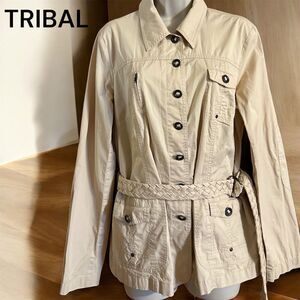 Tribal Women's Beige 100% Soft Cotton Utility Belted Cargo Button Down Jacket